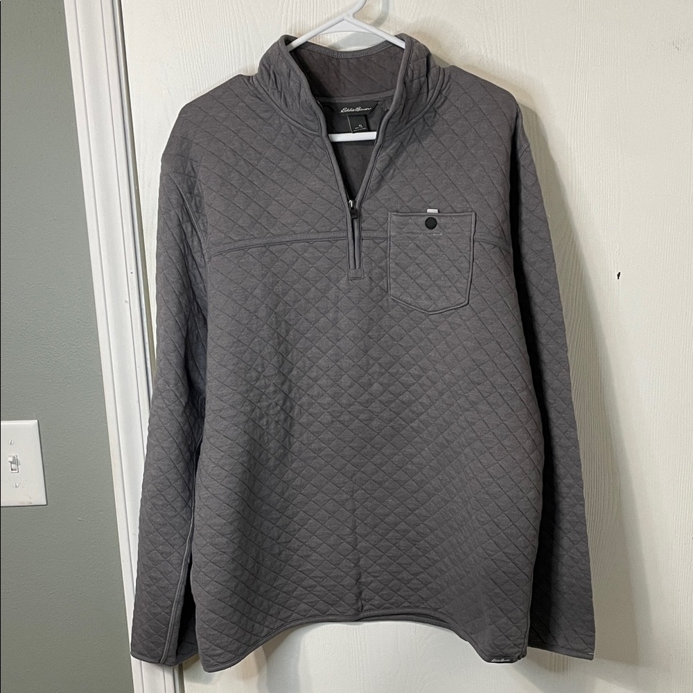 Eddie Bauer Men's Gray 1/4 Zip-Up Quilted Sweater Pocket Size Large Tall